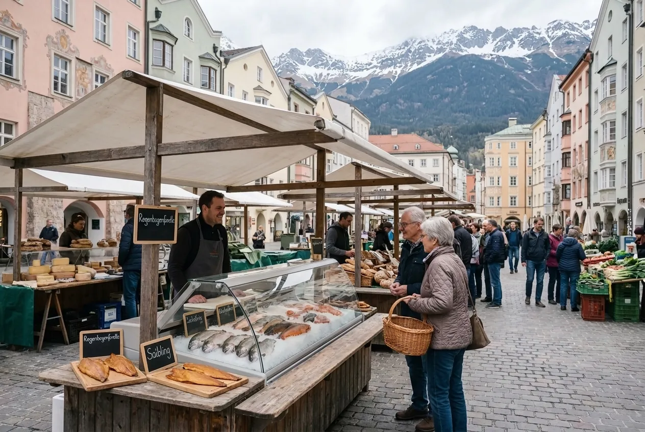 Fischstand auf einem Bauernmarkt in der Innsbrucker Altstadt